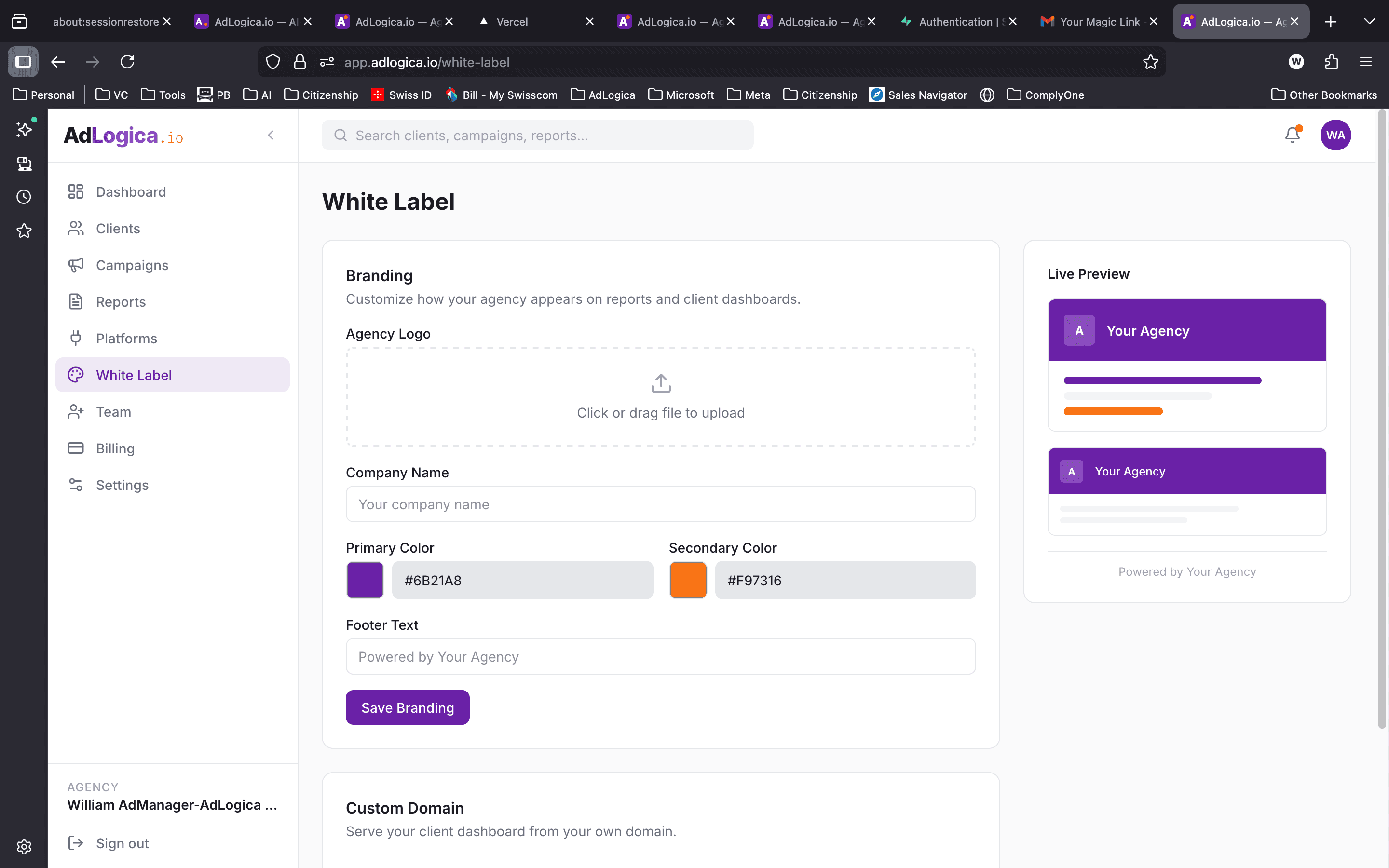 AdLogica.io white-label settings showing branding customization with logo upload, company name, colors, and live preview