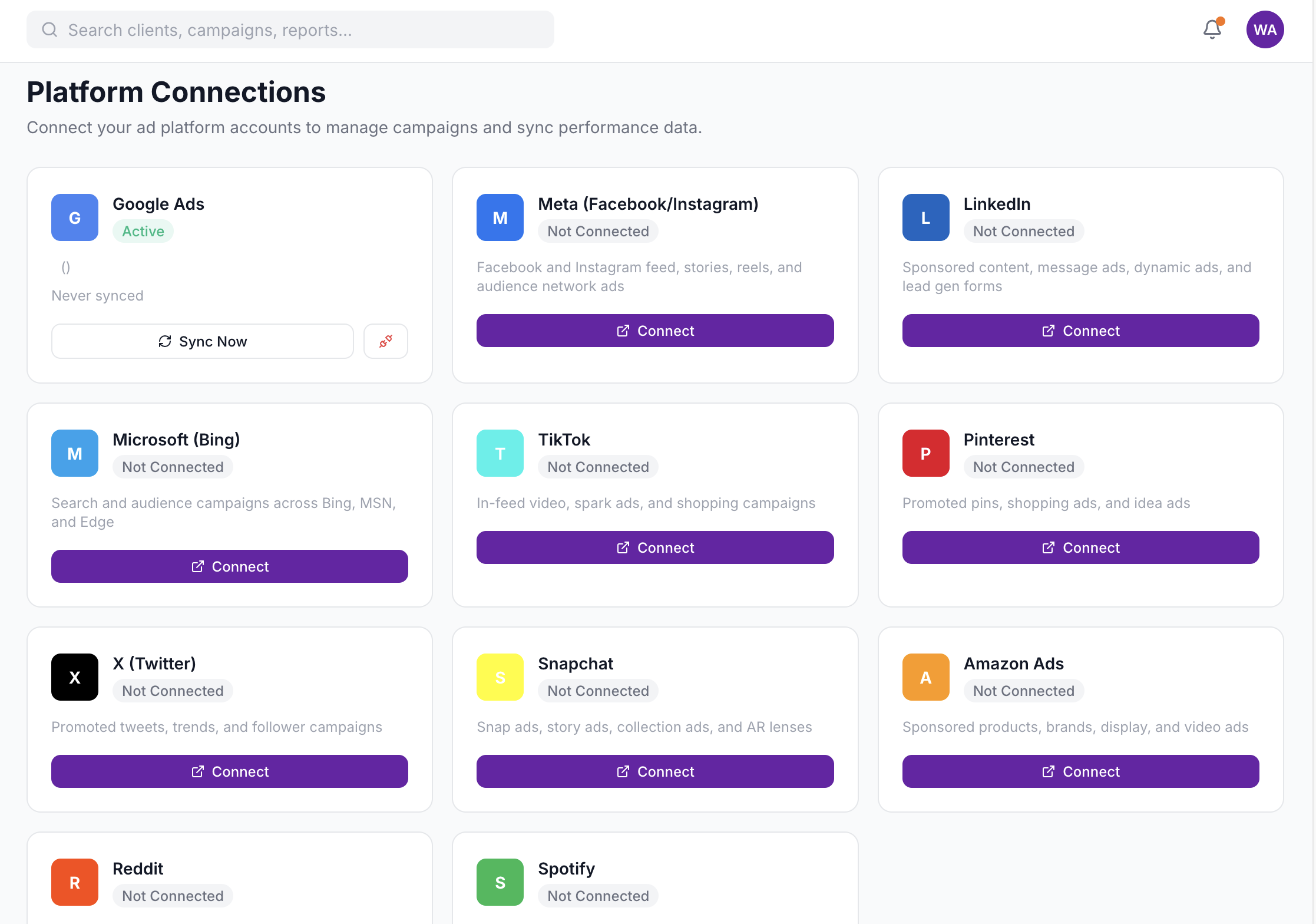 AdLogica platform connections dashboard showing Google Ads, Meta, LinkedIn, Microsoft Bing, TikTok, Pinterest, X (Twitter), Snapchat, Amazon Ads, Reddit, and Spotify integrations